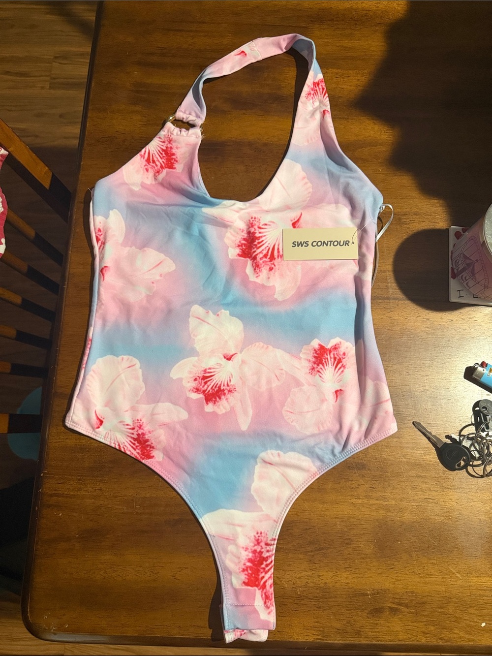 Rue21 Pink and Light Blue Floral Halter Bodysuit